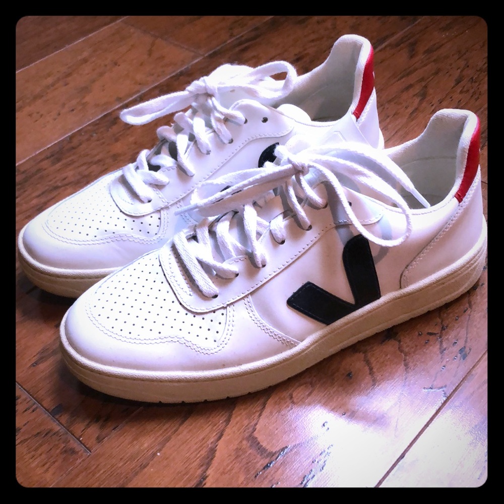 Veja White Sneakers with Black V and Red Heel Tab